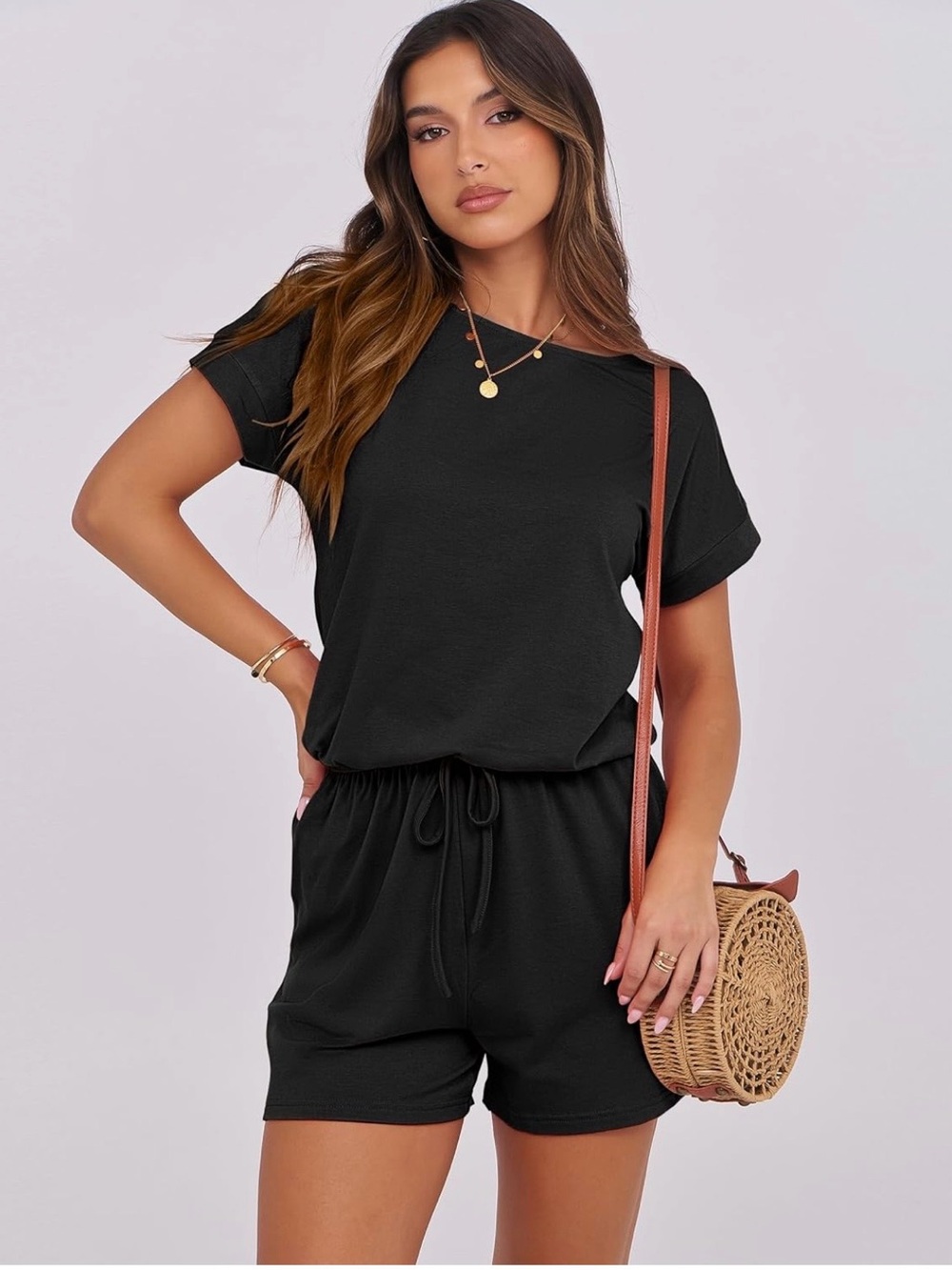 ANRABESS Casual one piece Black Drawstring Romper
